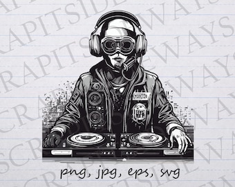 Op de afbeelding: Zwart-wit illustratie van een DJ met een koptelefoon, bril en jas, die een mengpaneel bedient. De afbeelding bevat de tekst "png, jpg, eps, svg".