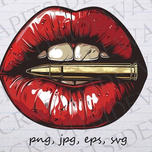 May include: A pair of red lips with a gold bullet in between them. The lips are drawn in a cartoon style and have a glossy finish.