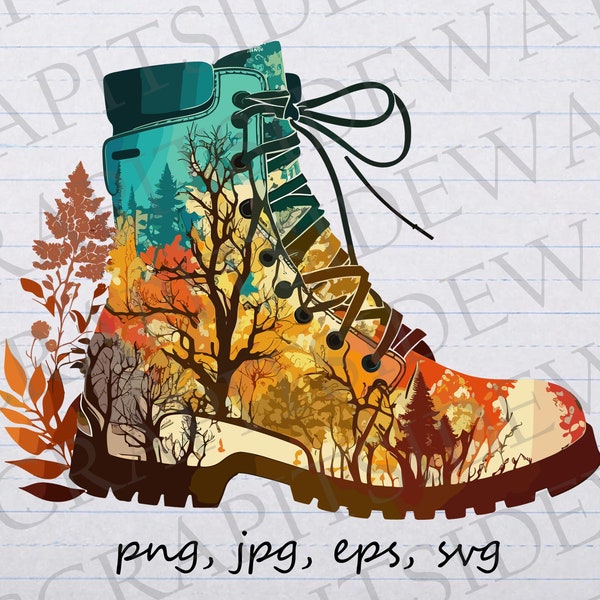 Colorful hiking boots with trees clip art clipart vector graphic svg png jpg eps, mountain climbing