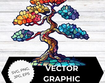 Colorful Stained Glass Bonsai Tree Clipart PNG | Bright Mosaic Tree Digital Art | Vibrant Glass Bonsai Illustration Download, Vector Graphic