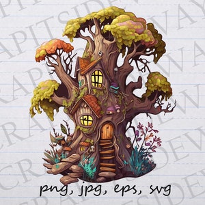May include: A whimsical treehouse built into a large tree with a brown trunk and green leaves. The treehouse has a brown roof, a wooden door, and windows with yellow light shining through. There are mushrooms growing on the tree and vines hanging from the branches.