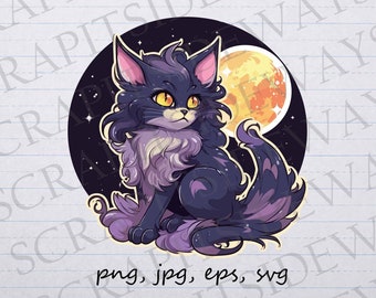 Twilight fantasy cat clip art clipart vector graphic svg png jpg eps, magical cat, gothic cat, goth cat, dark cat, night cat, cat with moon