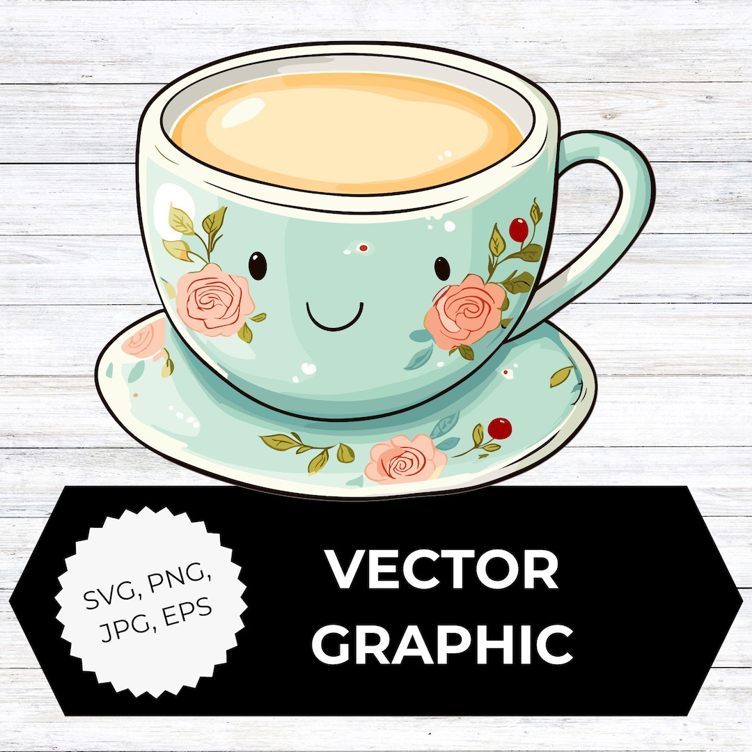 Cute Kawaii Teacup Clipart | Adorable Tea Cup Character Vector SVG PNG ...