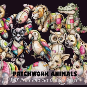 Può includere: Illustrazioni di animali patchwork, tra cui un gatto, un leone, un coccodrillo e un pappagallo, con toppe colorate cucite. Il testo "PATCHWORK ANIMALS PDF Print and Cut Collage Sheet" è in basso.