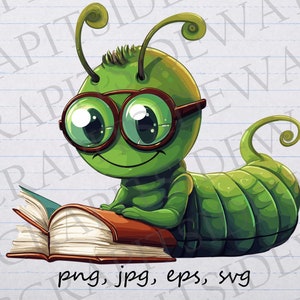 Bücherwurm 2 Clipart, Vektorgrafik, SVG, PNG, Jpg, Eps, Aufkleberdesign, Bücherwurm, der ein Buch liest, süßer Bücherwurm