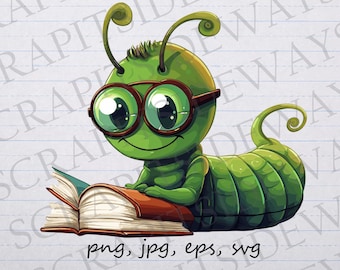 Bookworm 2 clipart vector graphic svg png jpg eps sticker design book worm reading a book cute bookworm