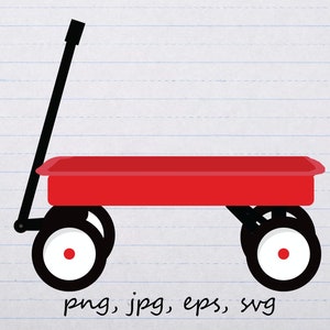 May include: A red wagon with black wheels and a black handle. The wagon is on a white and blue lined background.