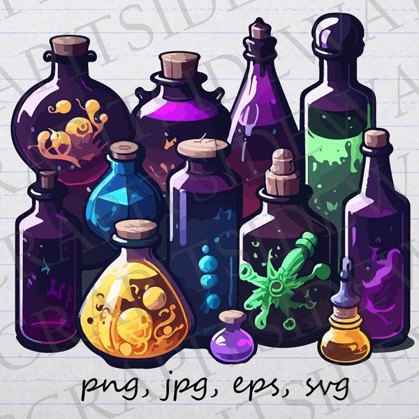 Colorful potion bottles clipart vector graphic svg png jpg eps magic spell
