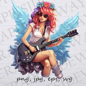 Fée avec guitare clipart vectoriel svg png jpg eps t-shirt design musicien musique rétro musique country