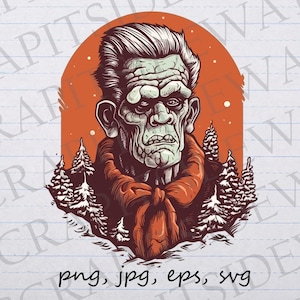 Frankenstein winter scene  clip art clipart vector graphic svg png jpg eps sticker design, spooky xmas, horror Christmas, classic monster