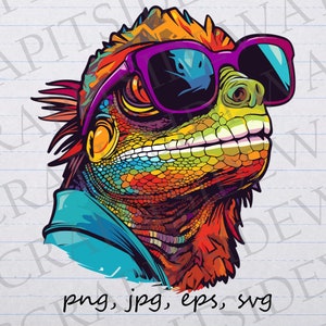 Iguana in sunglasses clip art clipart vector graphic svg png jpg eps, rainbow lizard, rainbow iguana, colorful iguana, summer iguana