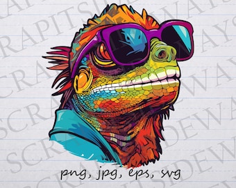 May include: A colorful illustration of a lizard wearing sunglasses. The lizard has a bright orange, yellow, green, and blue pattern. The sunglasses are purple with a blue lens.