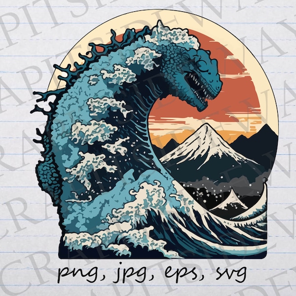 Kaiju great wave clipart vector graphic svg png jpg eps japanese monster in a wave