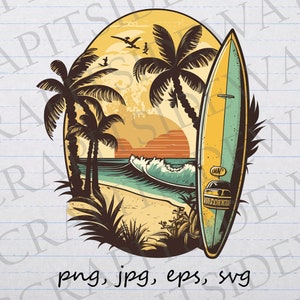 Cena de prancha de surfe de praia, oceano, clipart, gráfico vetorial, svg, png, jpg, eps, oceano, mar, ondas