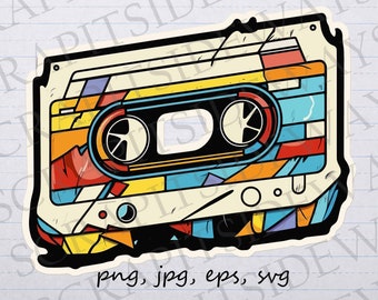 Stained glass cassette tape clip art clipart vector graphic svg png jpg eps mosaic cassette tape, retro music, 80s music, vintage music