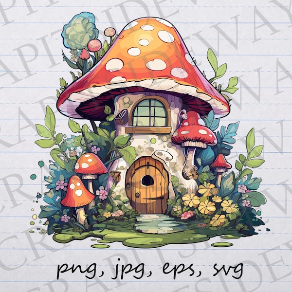 Fairy mushroom house vector graphic svg png jpg eps t-shirt design fantasy home magical house magic house