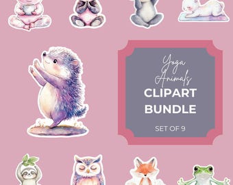 Schattige aquarel yoga dieren clipartset – 9 schattige dierenhoudingen png-bestanden – grillige meditatie en mindfulness digitale stickers voor planners