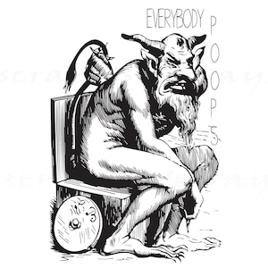 Demonio sentado en el inodoro todo el mundo hace caca diablo clipart vector gráfico Sello digital svg png jpg eps baño decot impresión digital