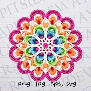Puede incluir: Un mandala de ganchillo colorido con acentos de color rosa, naranja, verde, azul y blanco. El mandala tiene una forma circular y un diseño simétrico.
