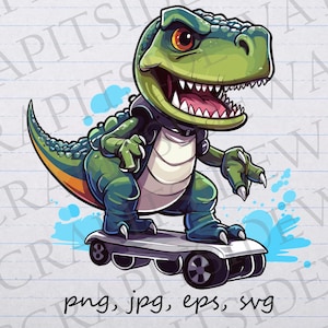 Dinosaur on hoverboard clipart vector graphic svg png jpg eps cute dino, dino skateboarder, cool dinosaur, dinosaur skateboard