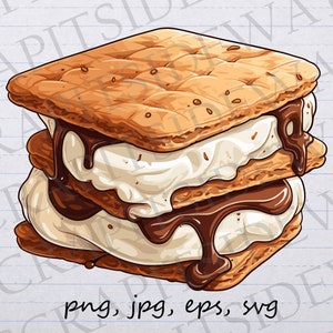 Puede incluir: Ilustración detallada de un s'more, con galletas Graham, chocolate derretido y malvavisco. La imagen incluye el texto "png, jpg, eps, svg". El s'more está apilado, con chocolate goteando por los lados.