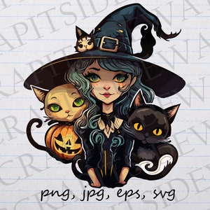 Peut inclure: Une sorcière de dessin animé aux cheveux bleus et un chapeau de sorcière noir tient un chat noir et un chat avec une citrouille dans ses pattes. La sorcière porte une robe noire avec un col blanc et un collier noir.