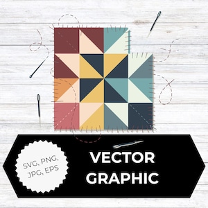 Puede incluir: Un diseño geométrico de bloque de edredón con un patrón de estrella, con tonos de rojo, azul, amarillo y crema. El diseño incluye detalles de costura, agujas y el texto "VECTOR GRAPHIC" y "SVG, PNG, JPG, EPS".