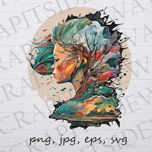 母なる地球のクリップアート ベクター グラフィック SVG PNG JPG EPS きれいな女性 カラフルな髪