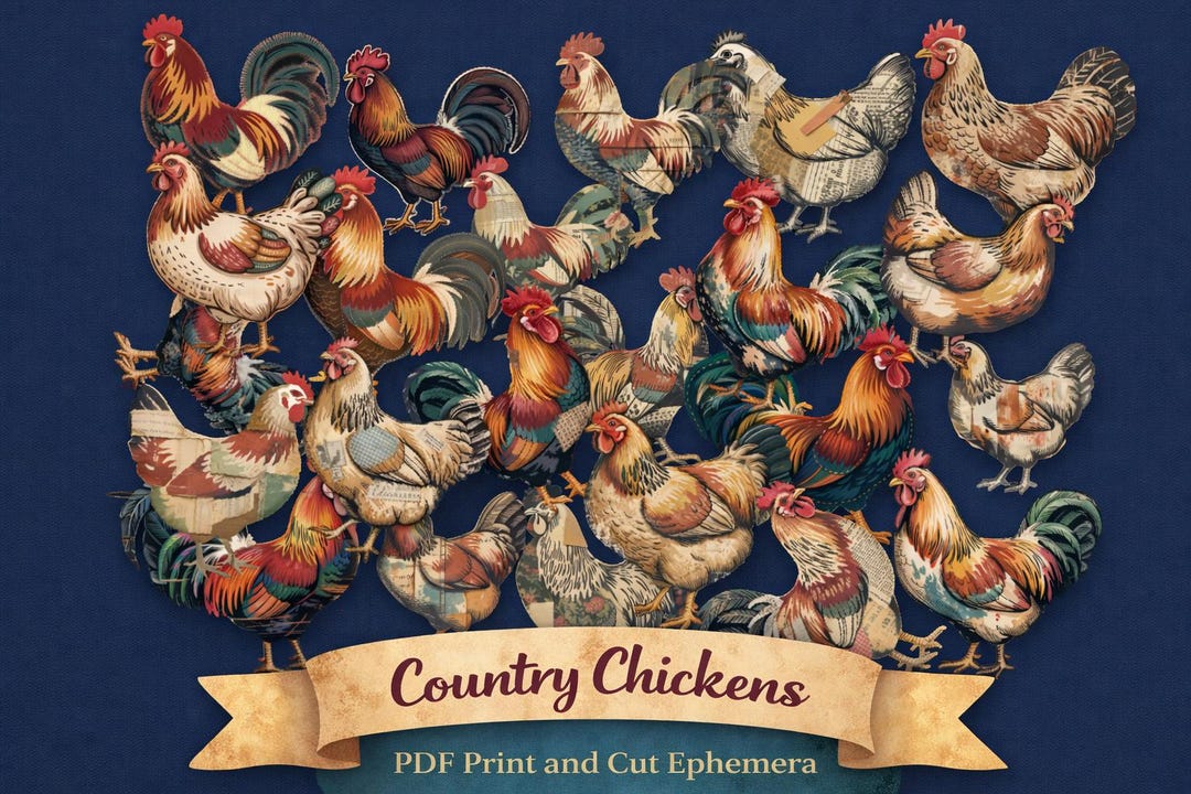 Chickens and Roosters Collage Ephemera Printable, Junk Journal People ...