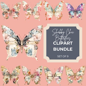 Shabby Chic Butterfly Clipart | 9 Vintage Ephemera PNGs | Scrapbooking & Junk Journal Printable Mixed Media Butterflies