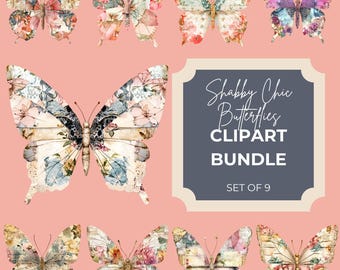 Shabby Chic Butterfly Clipart | 9 Vintage Ephemera PNGs | Scrapbooking & Junk Journal Printable Mixed Media Butterflies