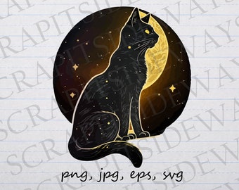 May include: A black cat silhouette with a crescent moon behind it. The moon is gold and has a starry sky around it.