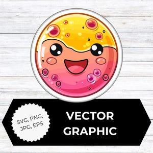 May include: A round vector graphic featuring a smiling cartoon face with a yellow and pink liquid design. The graphic includes the text "VECTOR GRAPHIC" and file type options: SVG, PNG, JPG, EPS.