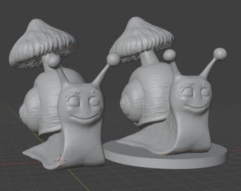 May include: Two gray, cartoon-style snail figurines. Each snail has a mushroom-shaped shell and a smiling face. One snail is on a round base, while the other is on a flat surface. The figurines are rendered in a 3D style.