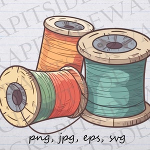May include: Three spools of thread, one orange, one green and one red, with wooden spools.