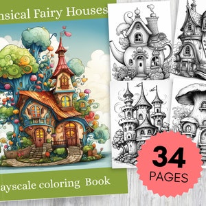 Whimsical Fairy Houses Grayscale Coloring book 34 pages adult coloring pages digital download PDF printable mushroom house tree house