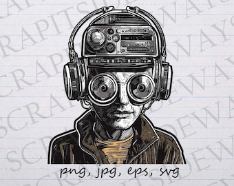 Op de afbeelding: Zwart-wit illustratie van een persoon met een radio en koptelefoon als hoofd. De persoon draagt een bruine jas en een geel shirt. De tekst "png, jpg, eps, svg" is inbegrepen.