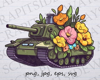 Tank with flowers clip art clipart vector graphic svg png jpg eps, floral tank, war tank, military tank, peace not war