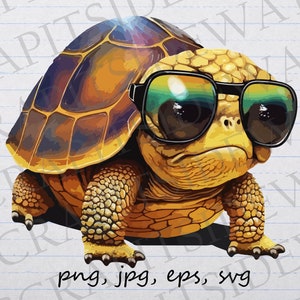 May include: A cartoon illustration of a turtle wearing sunglasses. The turtle has a brown shell with yellow markings and a yellow head and legs. The sunglasses are black with green lenses.