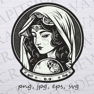 Imágenes prediseñadas de adivina vintage, imágenes prediseñadas, gráficos vectoriales, SVG, PNG, JPG, EPS, mística, vidente, gitana, mágica, tarot, bola de cristal
