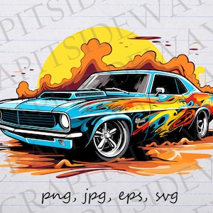 Könnte beinhalten: Ein blaues und gelbes Muscle-Car mit Flammen, die an die Seite gemalt sind, fährt durch einen Sonnenuntergang. Das Auto hat eine schwarze Motorhaube und schwarze Räder.