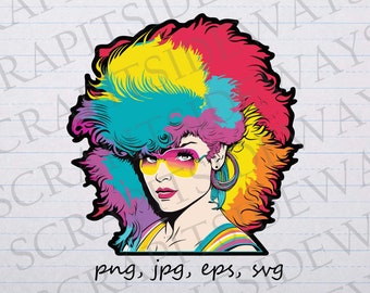 Retro 80s woman clip art clipart vector graphic svg png jpg eps, big hair, colorful hair, 80s pop star, 80s hair, 1980s