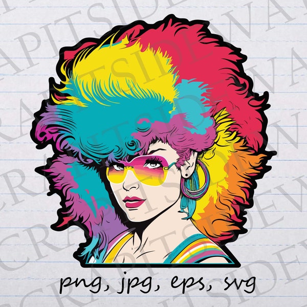 Retro 80s woman clip art clipart vector graphic svg png jpg eps, big hair, colorful hair, 80s pop star, 80s hair, 1980s