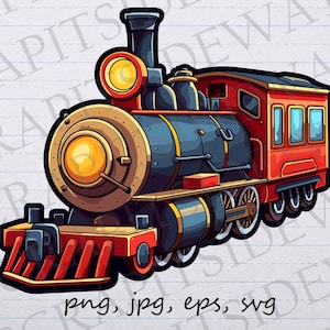 May include: A cartoon illustration of a red, blue, and gold steam train engine with a large smokestack and three windows on the side.