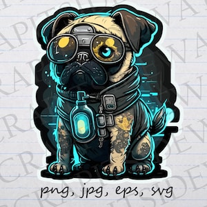 Cute cyberpunk pug clipart vector graphic svg png jpg eps sci fi dog cyborg pug