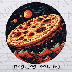 Pizza in space clip art clipart vector graphic svg png jpg eps, outer space, flying pizza, outer space pizza