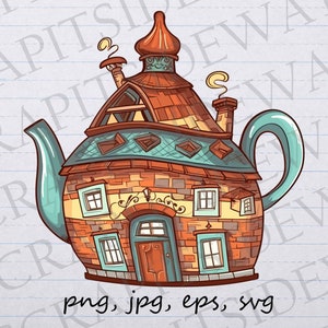 May include: A whimsical illustration of a brick house shaped like a teapot. The house has a blue roof, a chimney, and windows. The teapot spout is the front door of the house.
