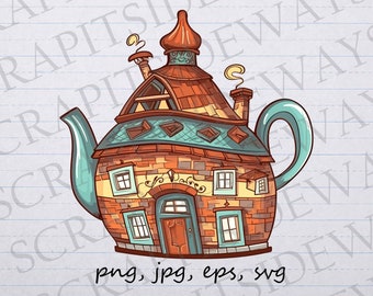 Whimsical teapot clip art clipart vector graphic svg png jpg eps ,fantasy home, magical house, magic house, fairy house