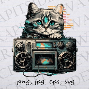 Boom Box cat clipart vector graphic svg png jpg eps kitty vintage music stereo cat retro music