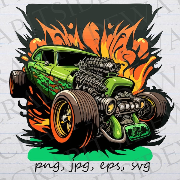 Green hot rod with flames clipart vector graphic svg png jpg eps hotrod cool car